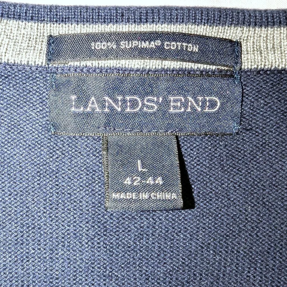 Lands’ End Men’s	| Supima Cotton V-Neck Sweater Navy Blue | Size Large